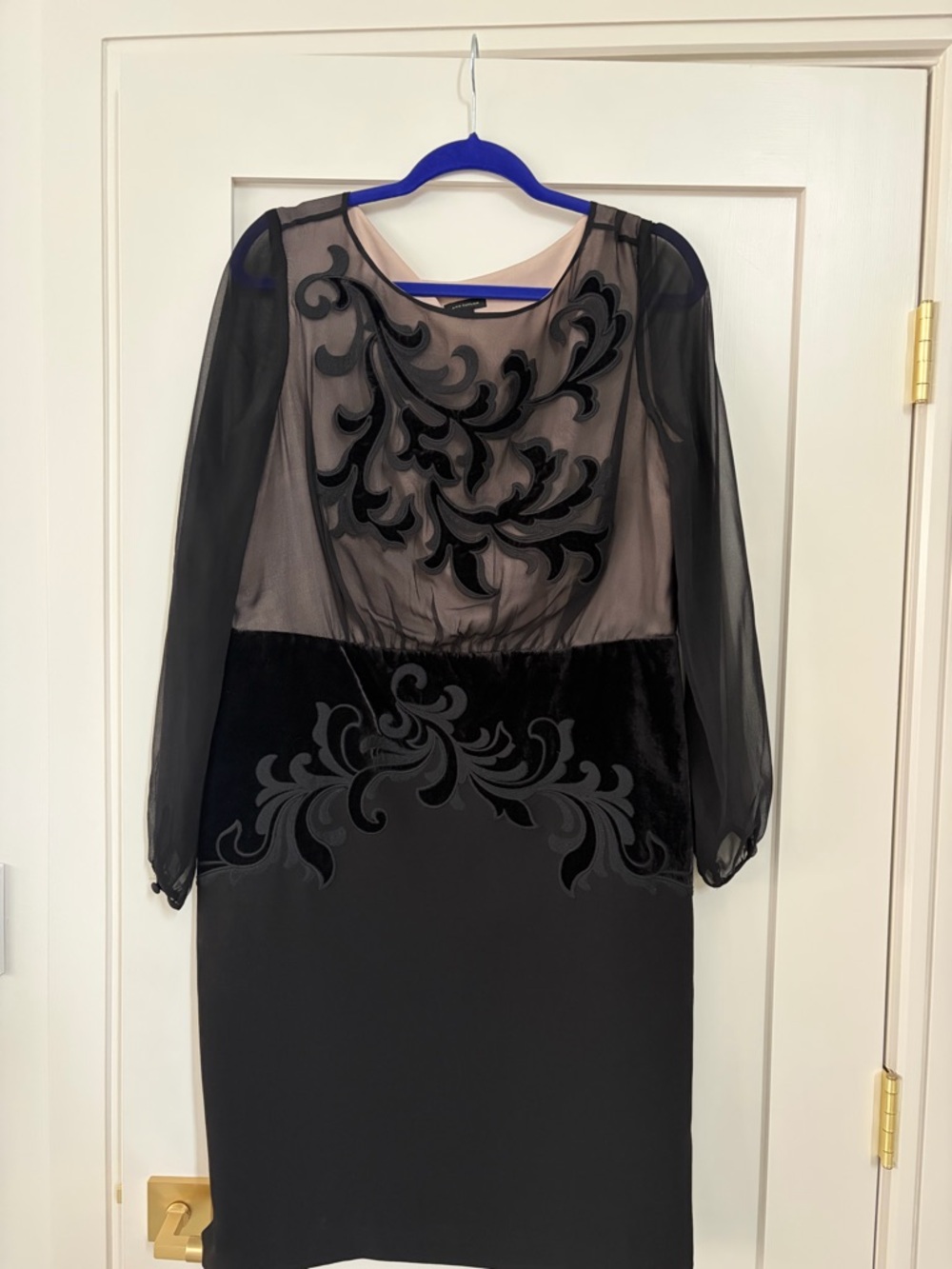 Ann Taylor Black Sheer-Sleeve Midi Dress with Velvet Appliqué